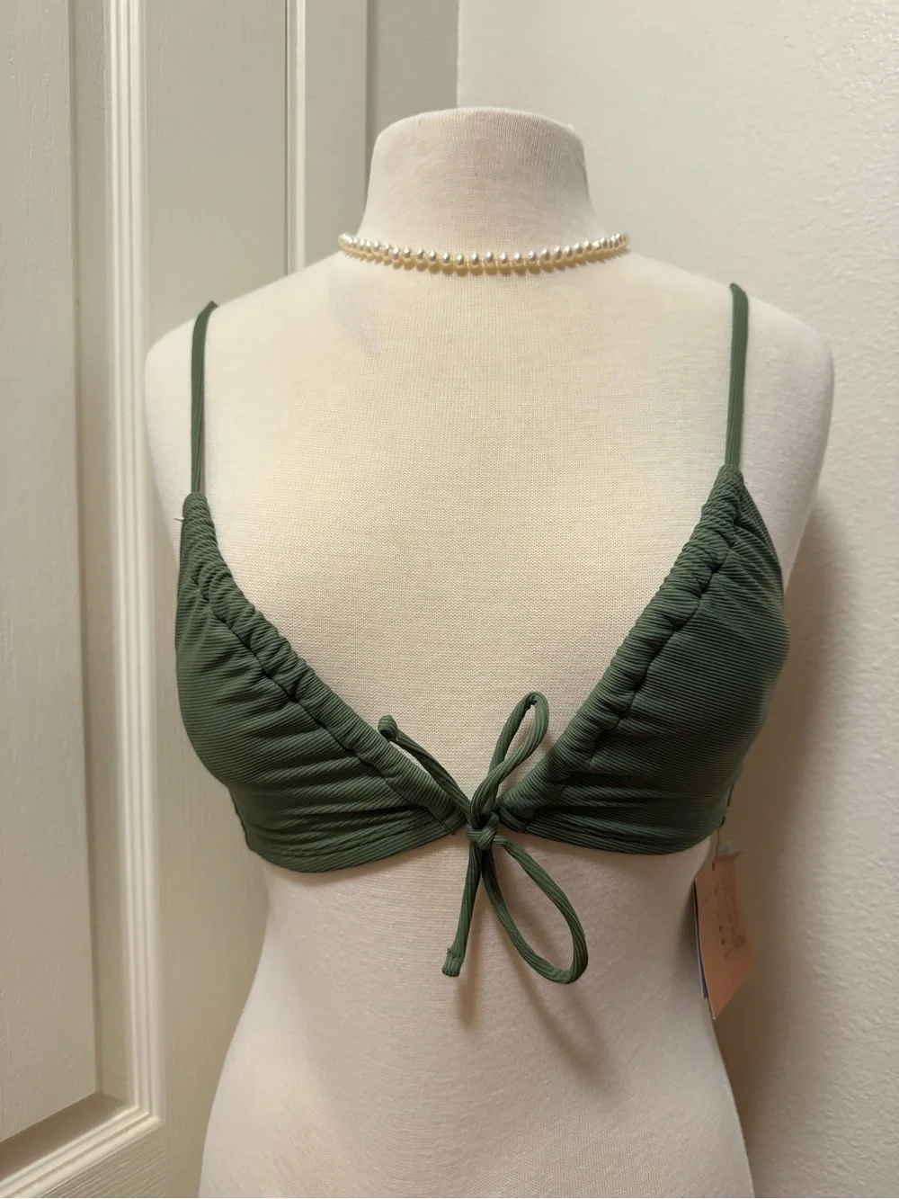 Tie-Front Ribbed Bralette in Olive Green